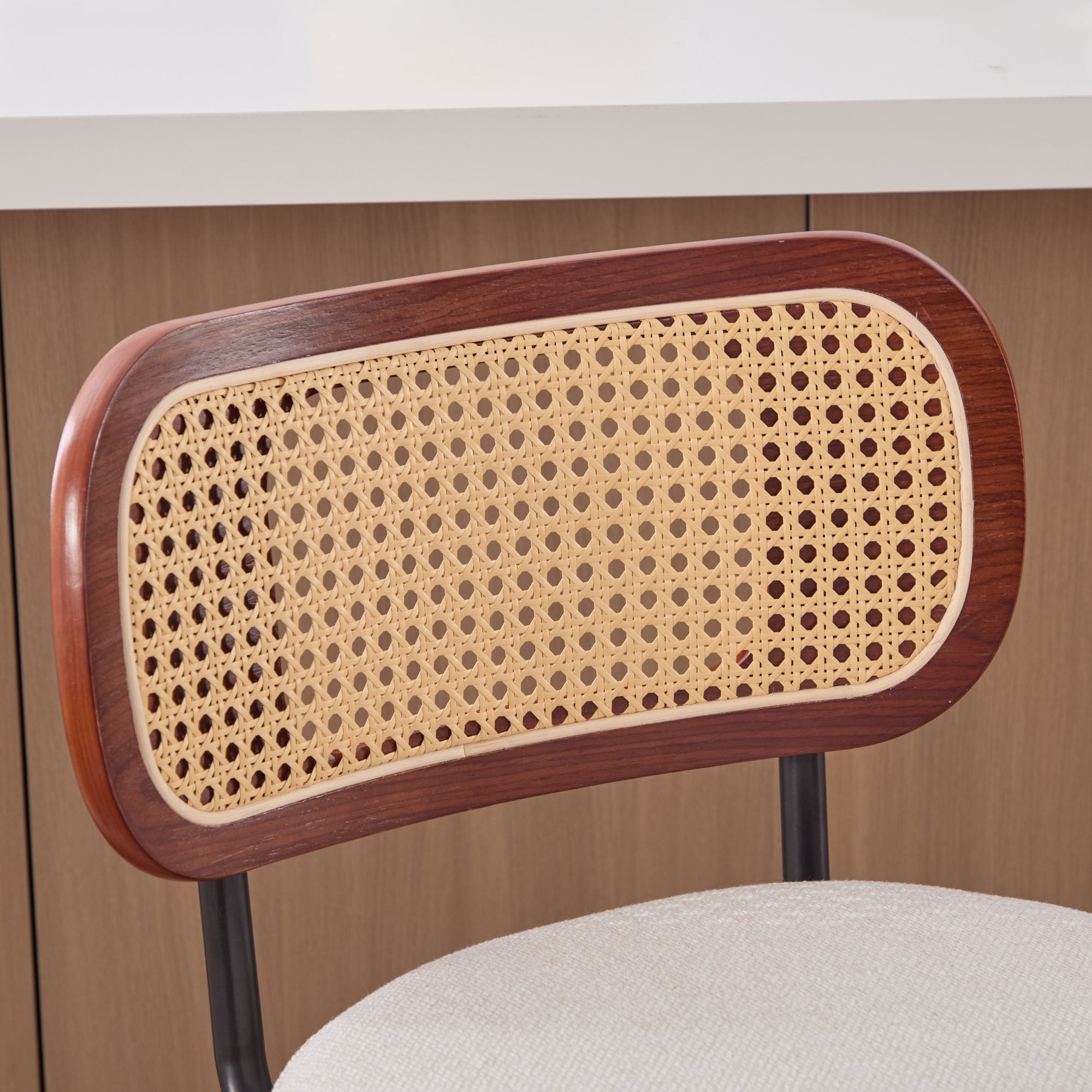 Set of 3, 26-Inch Counter Height Swivel Bar Stools - Walnut Black Frame, Cane Rattan Back, Beige Linen Upholstered Seat for Kitchen Island, Bar, and Counter – Ergonomic Design, 330 lbs Weight Capacity