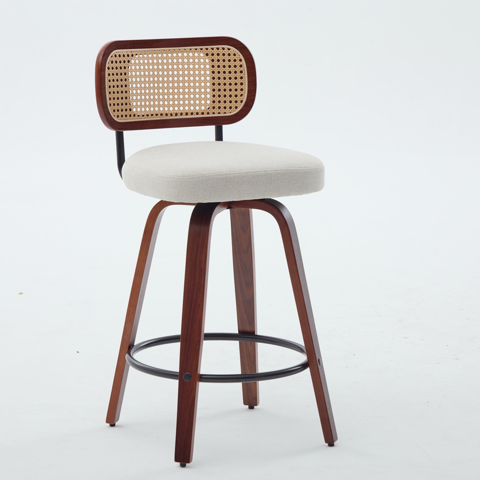 Set of 3, 26-Inch Counter Height Swivel Bar Stools - Walnut Black Frame, Cane Rattan Back, Beige Linen Upholstered Seat for Kitchen Island, Bar, and Counter – Ergonomic Design, 330 lbs Weight Capacity