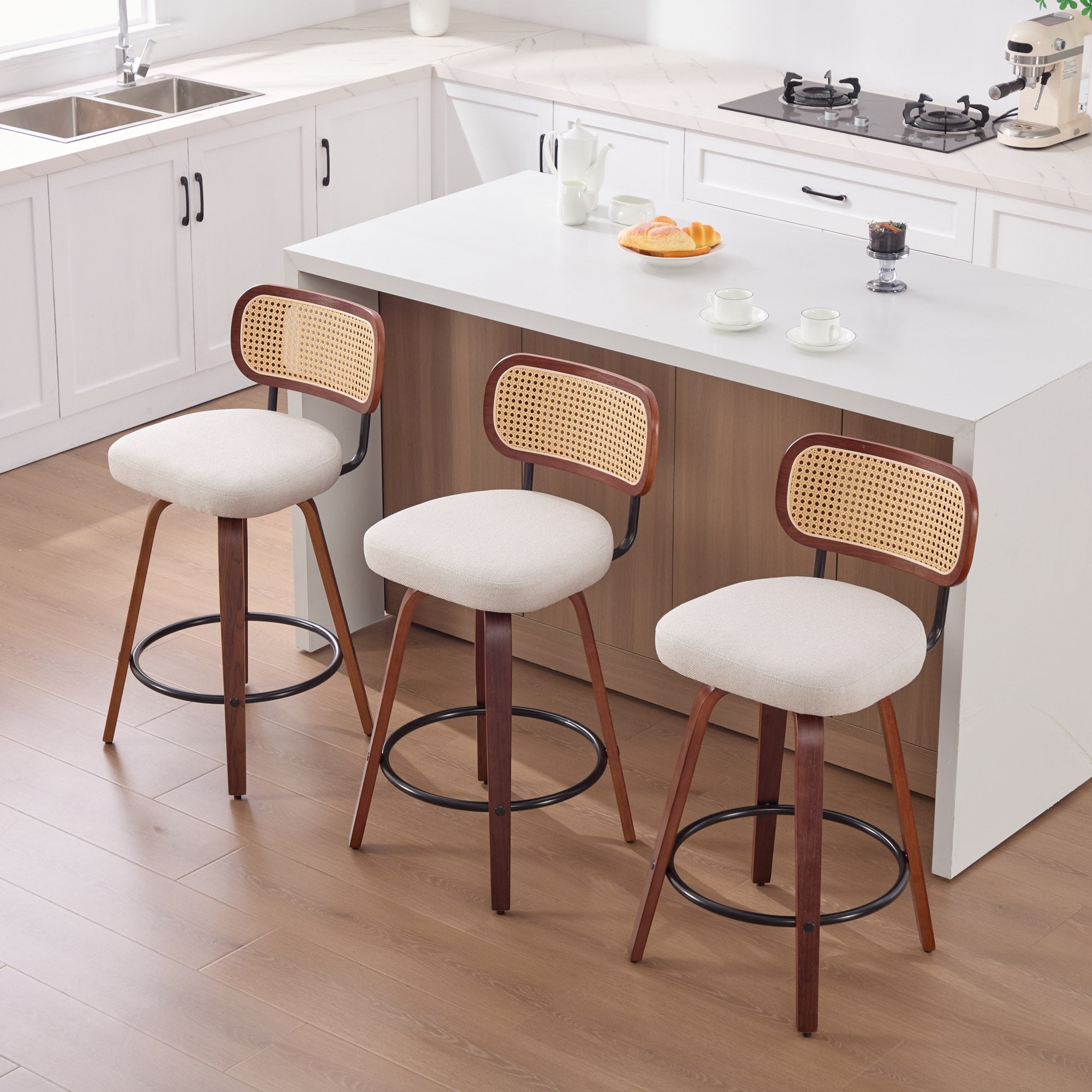 Set of 3, 26-Inch Counter Height Swivel Bar Stools - Walnut Black Frame, Cane Rattan Back, Beige Linen Upholstered Seat for Kitchen Island, Bar, and Counter – Ergonomic Design, 330 lbs Weight Capacity